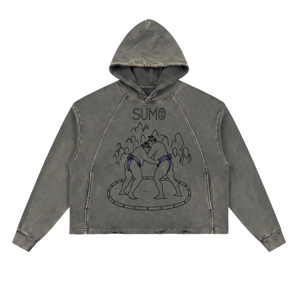 Hoodie, Vintage Washed Frayed-Hem | Wider-Belt-Sumo •Kanji