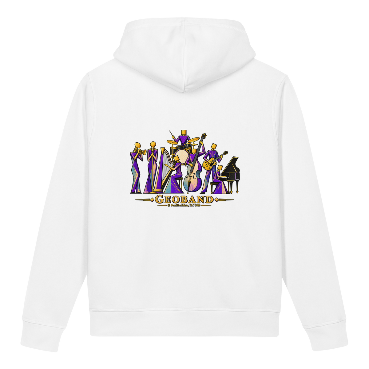Product mockup of GEOBAND  a band of geometrically shaped musicians on stage, on the back of a hoodie and an emblem on the front left chest.